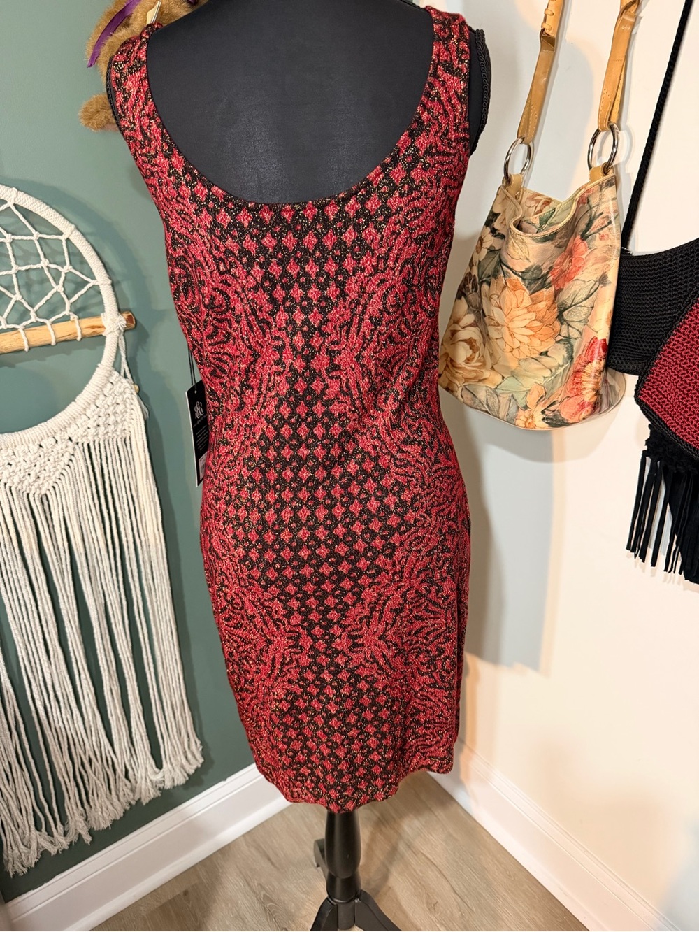 Rock & Republic Metallic Bodycon Dress NWT Red Black Glitter Cocktail Size L - Picture 4 of 5